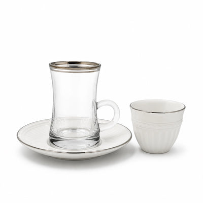 Tea And Cawa Cup With Saucer Set 18 Pieces Clear Glass And White Ceramic With Silver Rim Siddiq Gifts