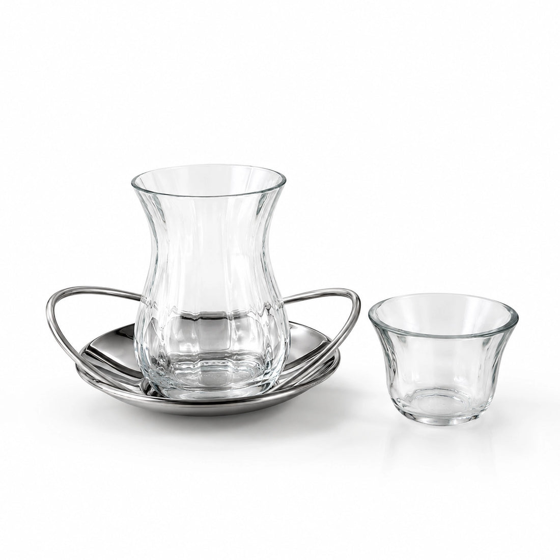 SBTC511  Tea & Cawa Cup with Saucer Set – 18 Pieces – Clear Glass Cup Set with Silver Saucer