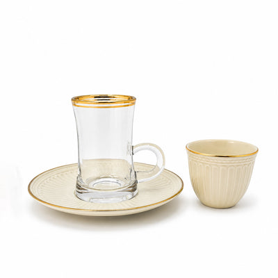 Tea And Cawa Cup With Saucer Set 18 Pieces Ivory And Clear Glass With Gold Rim Siddiq Gifts