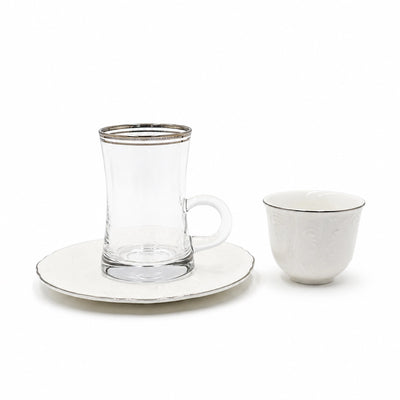 Tea And Cawa Cup With Saucer Set 18 Pieces White Porcelain With Silver Rim Siddiq Gifts