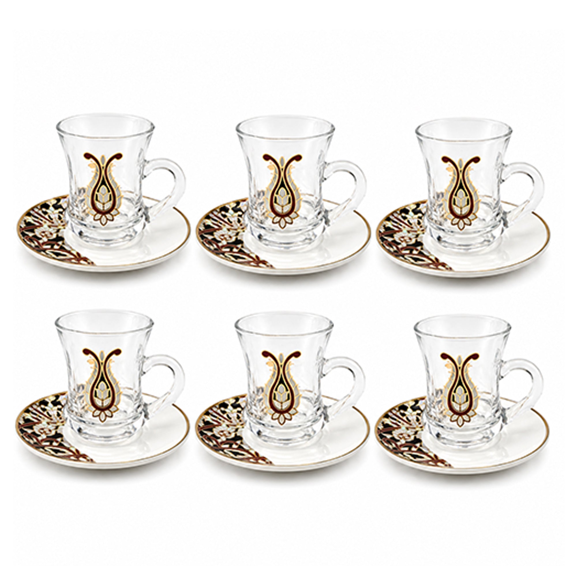 Tea Cup & Saucer Set 12 Pieces Glass Floral Design | Siddiq Gifts
