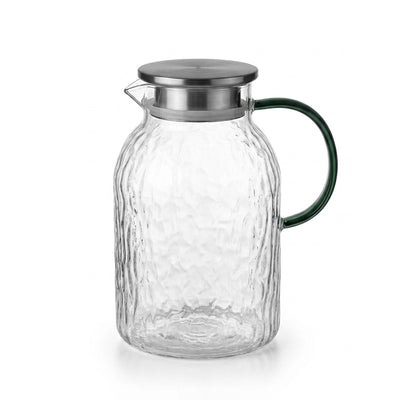 Textured Glass Jug With Stainless Steel Lid 2L Clear Glass And Green Handle Siddiq Gifts