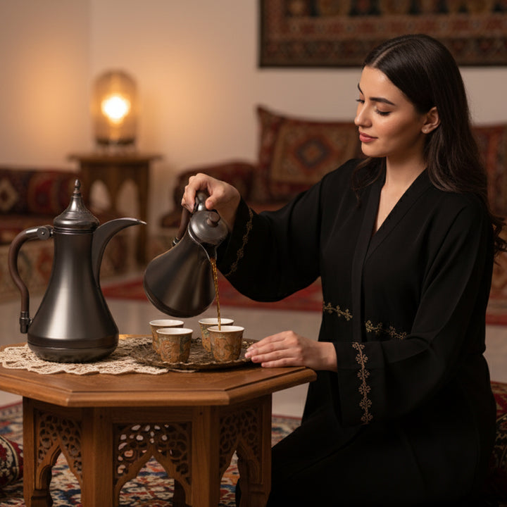 Woman in traditional attire pouring tea into cups in a decorated room.