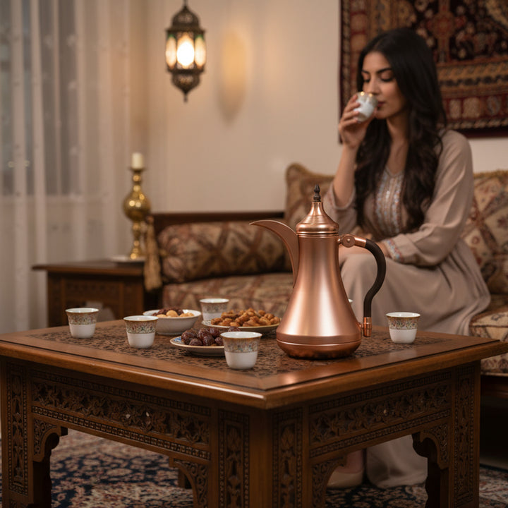 Woman sitting at a wooden table with a copper teapot and tea cups in a decorated room.