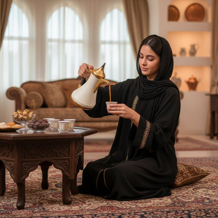 Woman in black abaya pouring coffee in a traditional setting