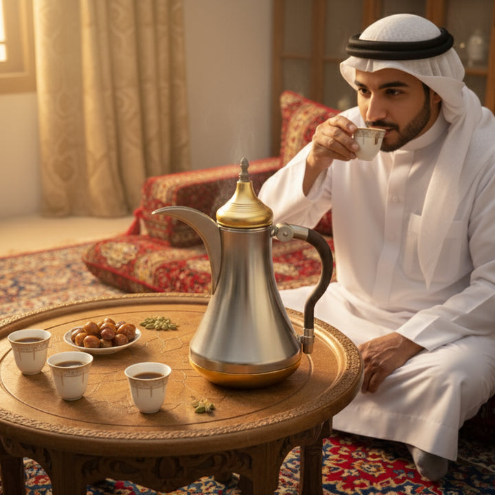 Man in traditional attire drinking from a cup with a large silver and gold pitcher on a wooden table.