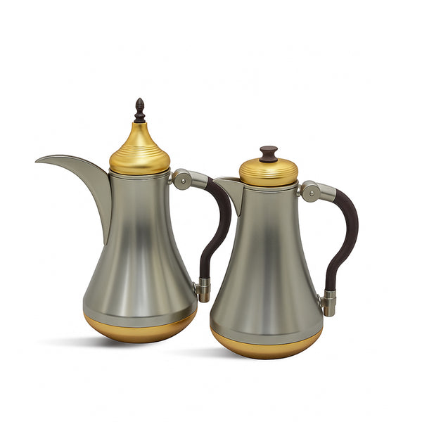 Two metallic coffee pots with gold and brown accents on a white background