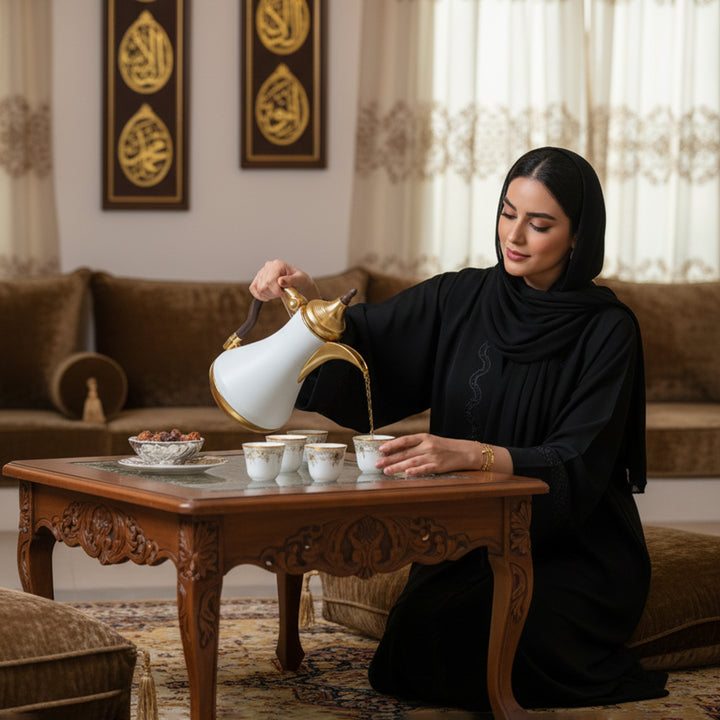 Woman in a black abaya pouring tea from a white and gold pitcher in a living room.