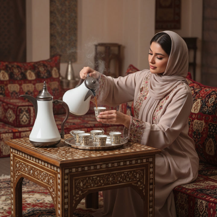 Woman in traditional attire pouring tea in a decorated room.