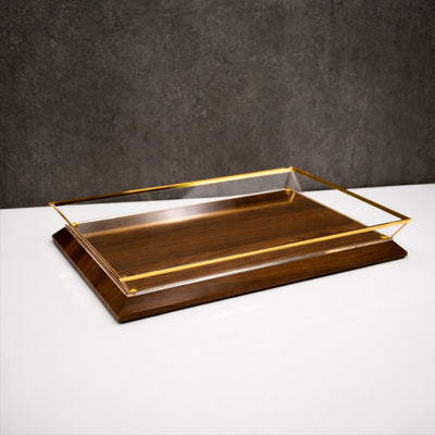 TR3663L-001 Serving Tray 45 × 29 Cm Clear Acrylic With Wooden Base And Gold Frame – Siddiq Gifts Mussafah Abu Dhabi