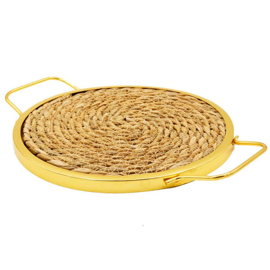 Round Rattan Tray With Golden Frame