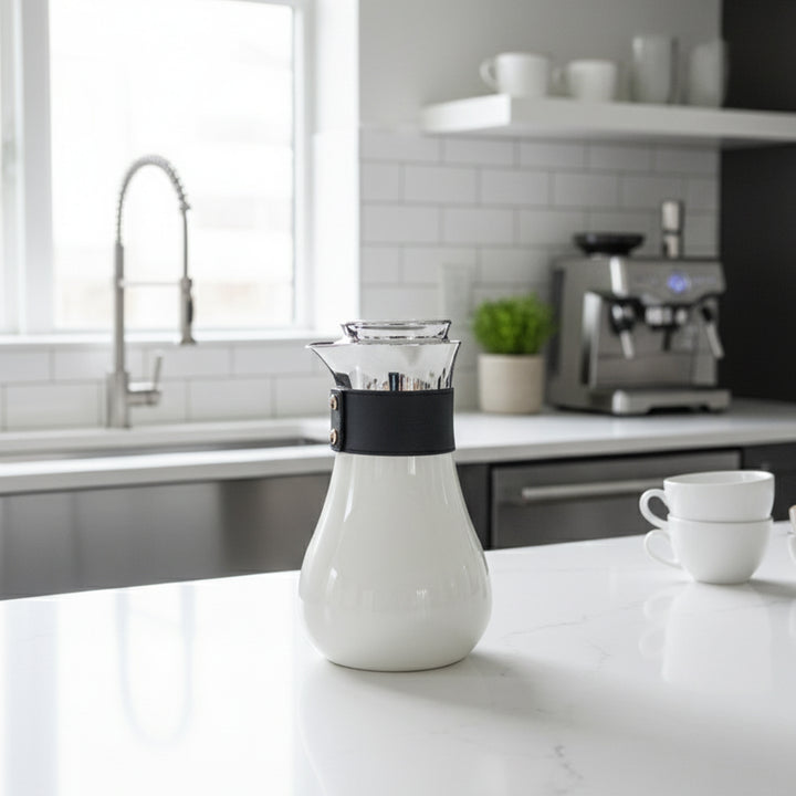 White ceramic carafe with black lid on a kitchen counter