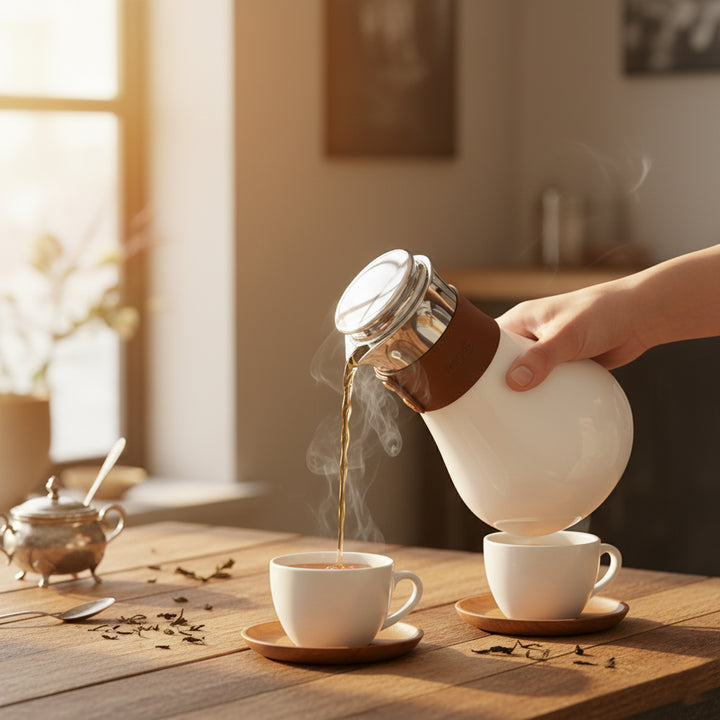 Person pouring steaming hot liquid from a white teapot into two white cups on a wooden table.