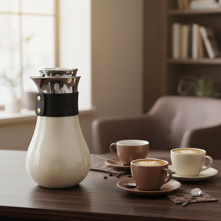 White ceramic carafe with black band on a wooden table with three coffee cups.