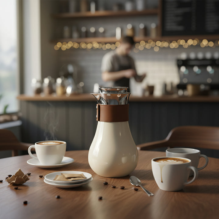 Coffee-making setup with a pitcher and cups on a table in a coffee shop.