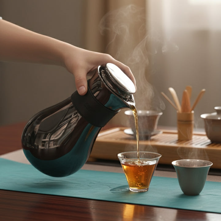 Person pouring steaming hot tea from a thermos into a glass cup on a wooden table.