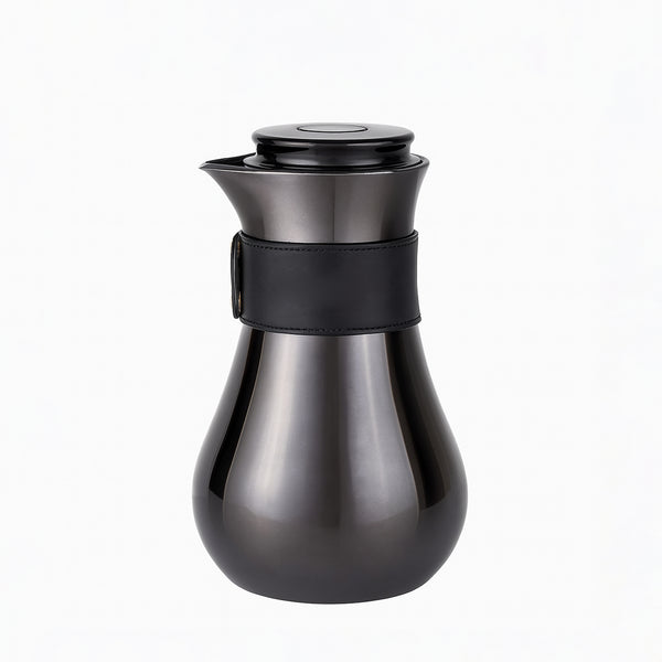 Black thermos bottle with a strap on a white background