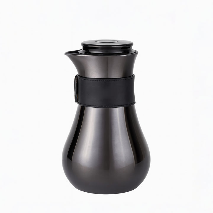 Black thermos bottle with a strap on a white background