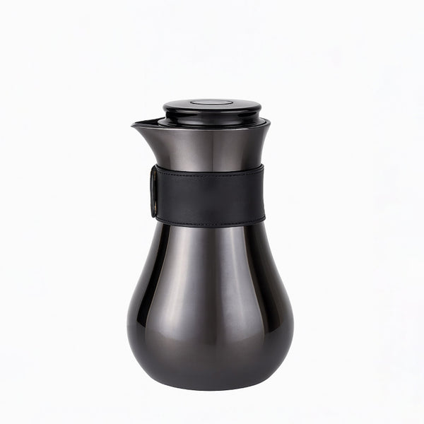 Black thermos bottle with a black strap on a white background