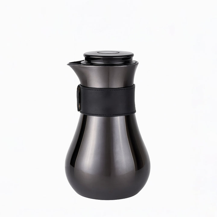 Black thermos bottle with a black strap on a white background