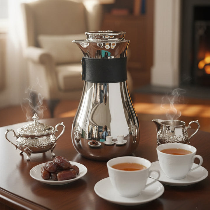 Tea-making setup with teapot, cups, and tea leaves on a wooden table.