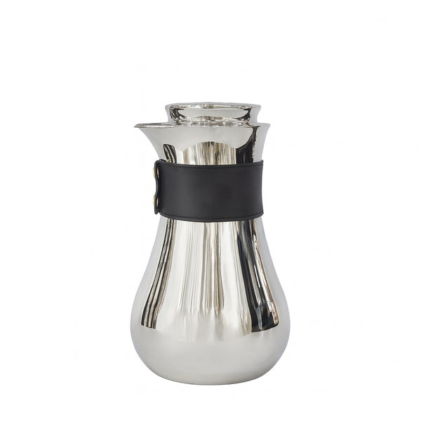 Silver carafe with a black band on a white background