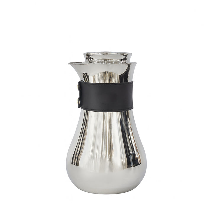 Silver carafe with a black band on a white background