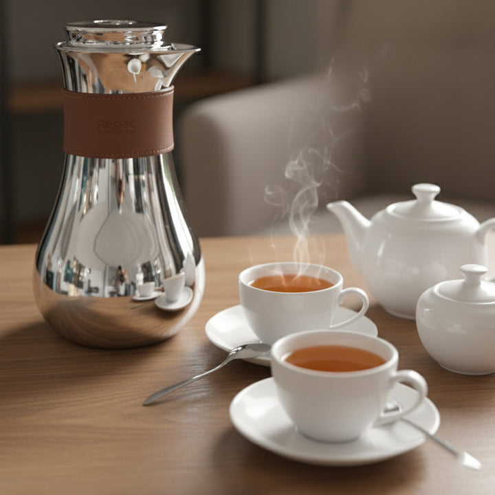Tea-making setup with a glass teapot, teacups, and teacup on a wooden table.