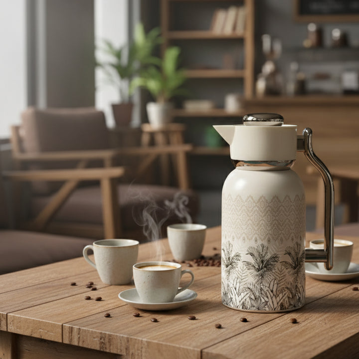White ceramic coffee carafe with decorative pattern on a wooden table with steaming cups in a cozy room.