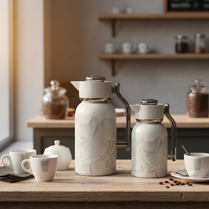 Two white ceramic coffee pots on a wooden table with a kitchen background.