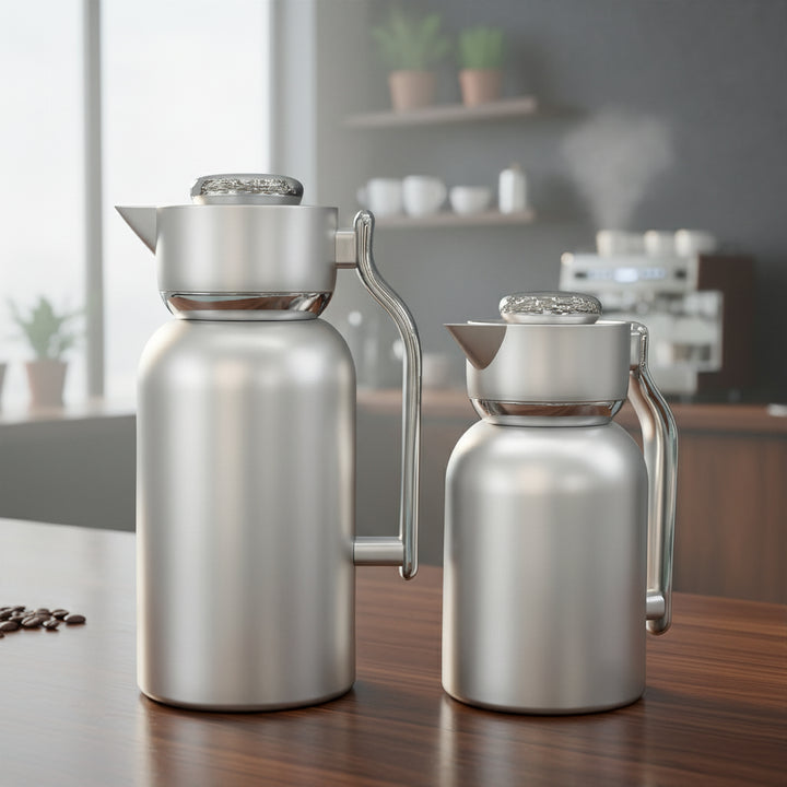 Two stainless steel coffee pots on a kitchen counter with a blurred background