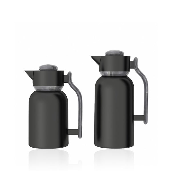 Two black thermos bottles with handles on a white background