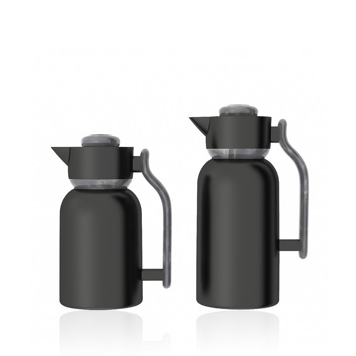 Two black thermos bottles with handles on a white background