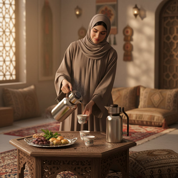 Woman in traditional attire serving tea in a decorated room with cultural decor.