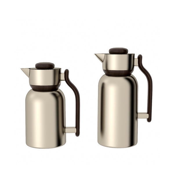 Two stainless steel coffee pots with brown handles on a white background