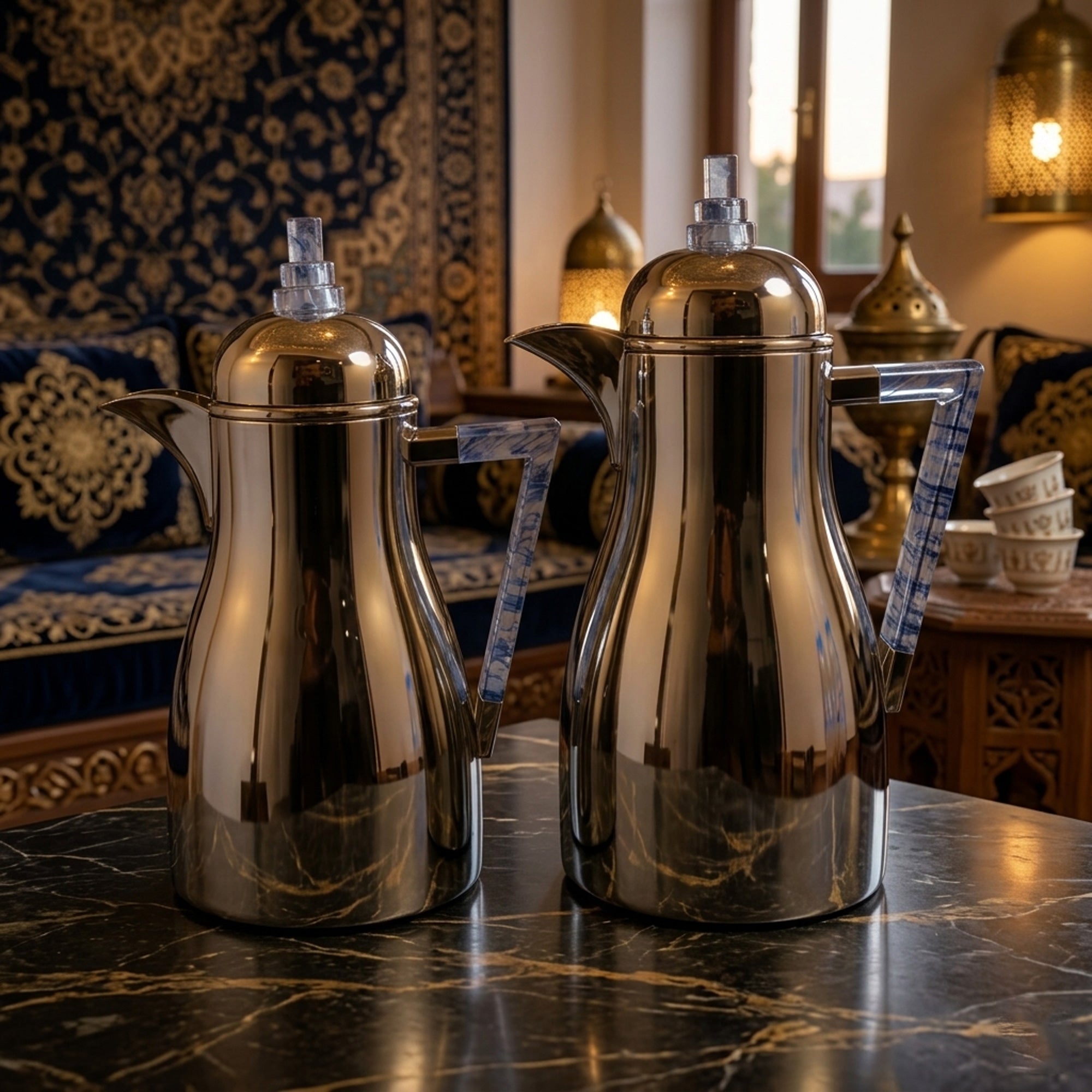 Vacuum Flask Set 2 Piece 1L And 0.75L Champagne And Blue Thermos Set For Hot And Cold Drinks By Siddiq Gifts