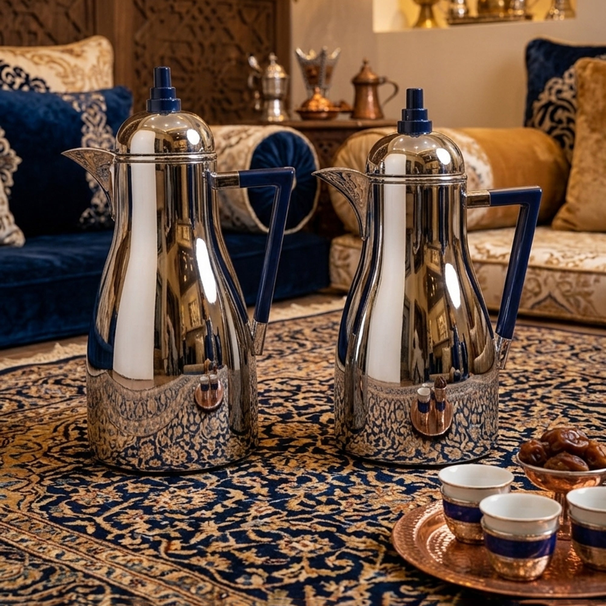 Vacuum Flask Set 2 Piece 1L And 0.75L Silver With Blue Handle Thermos Set For Hot And Cold Drinks By Siddiq Gifts