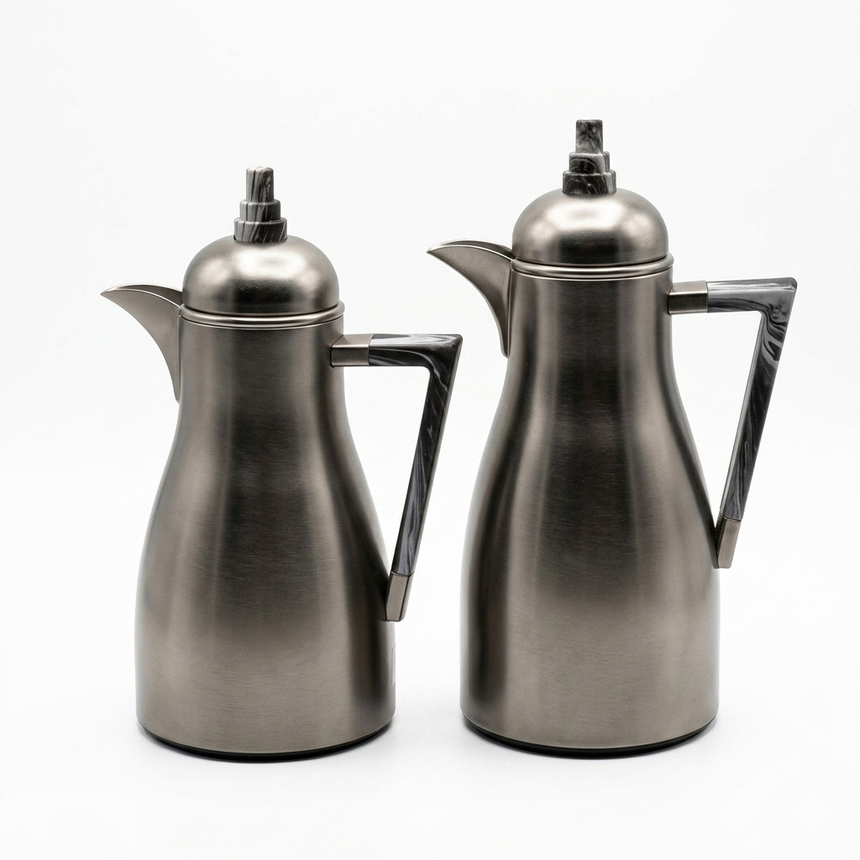 GKT-MN-MGRNT Vacuum Flask Set – 2-Piece (1L + 0.75L) – Nickel with Black Marble Handle & Accents