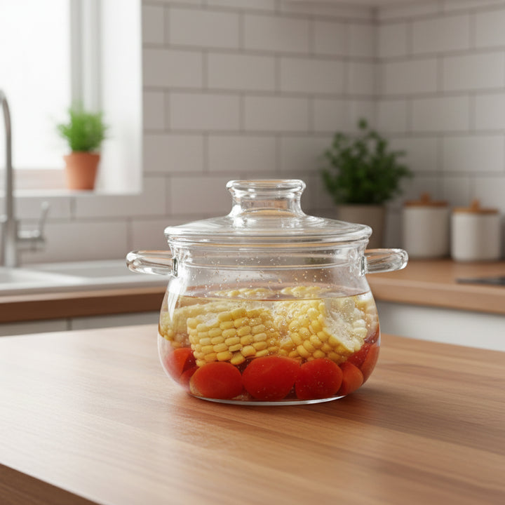 VG129 3L Transparent Borosilicate Glass Cooking Pot with Lid – Siddiq Gifts Mussafah Abu Dhabi