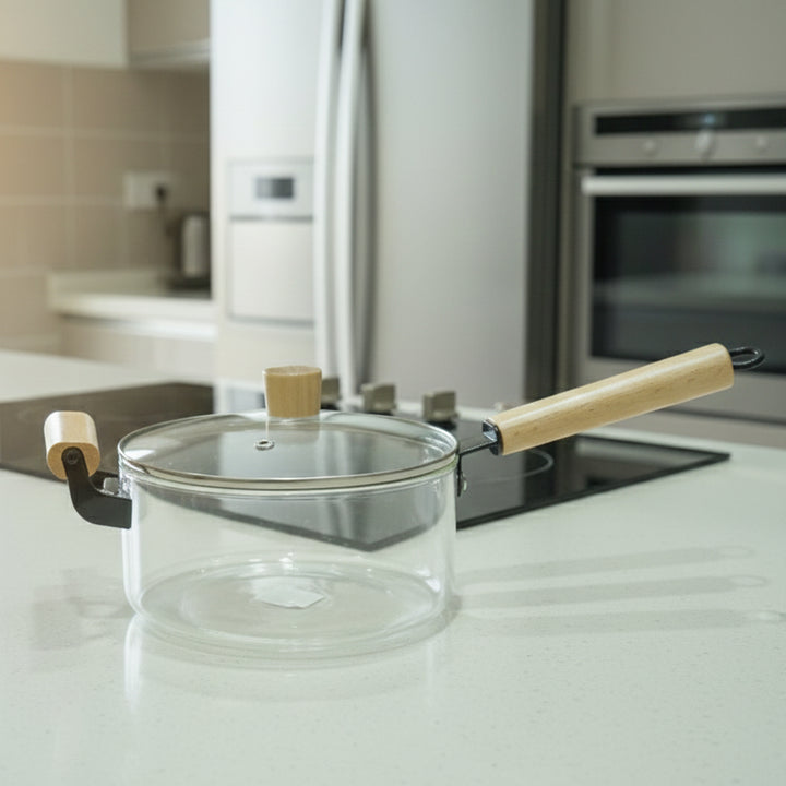 Clear glass pot with wooden handles on a kitchen counter