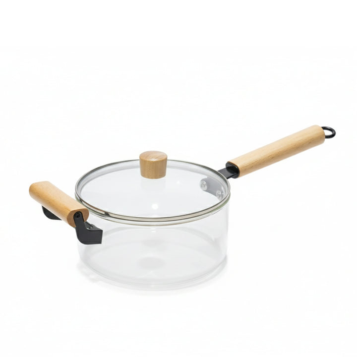 Clear glass pot with wooden handles on a white background