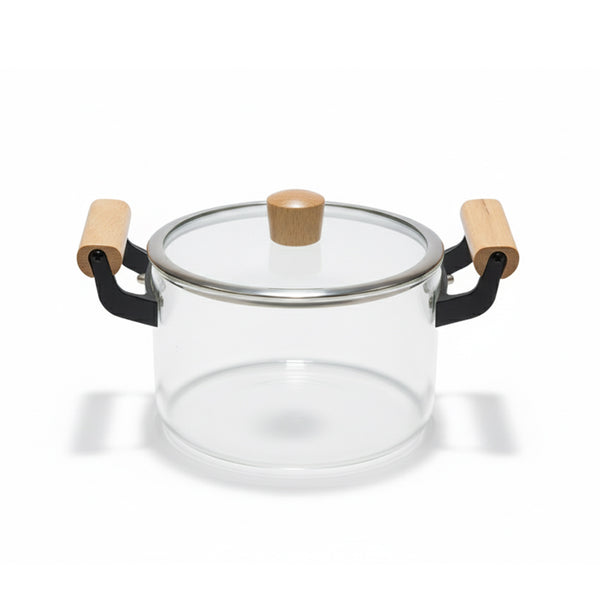 Clear glass container with wooden handles on a white background