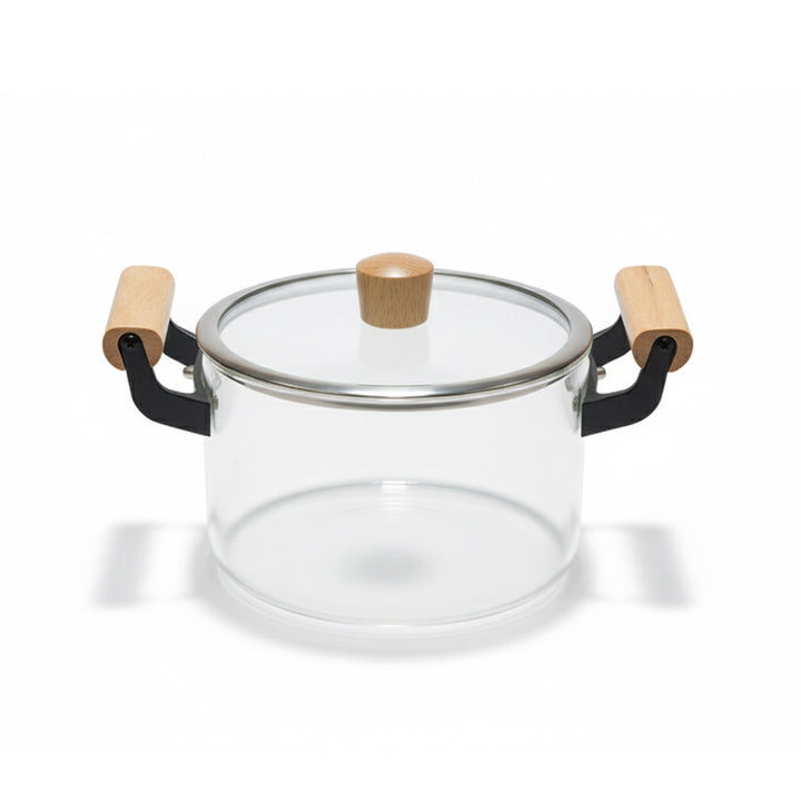 Clear glass container with wooden handles on a white background
