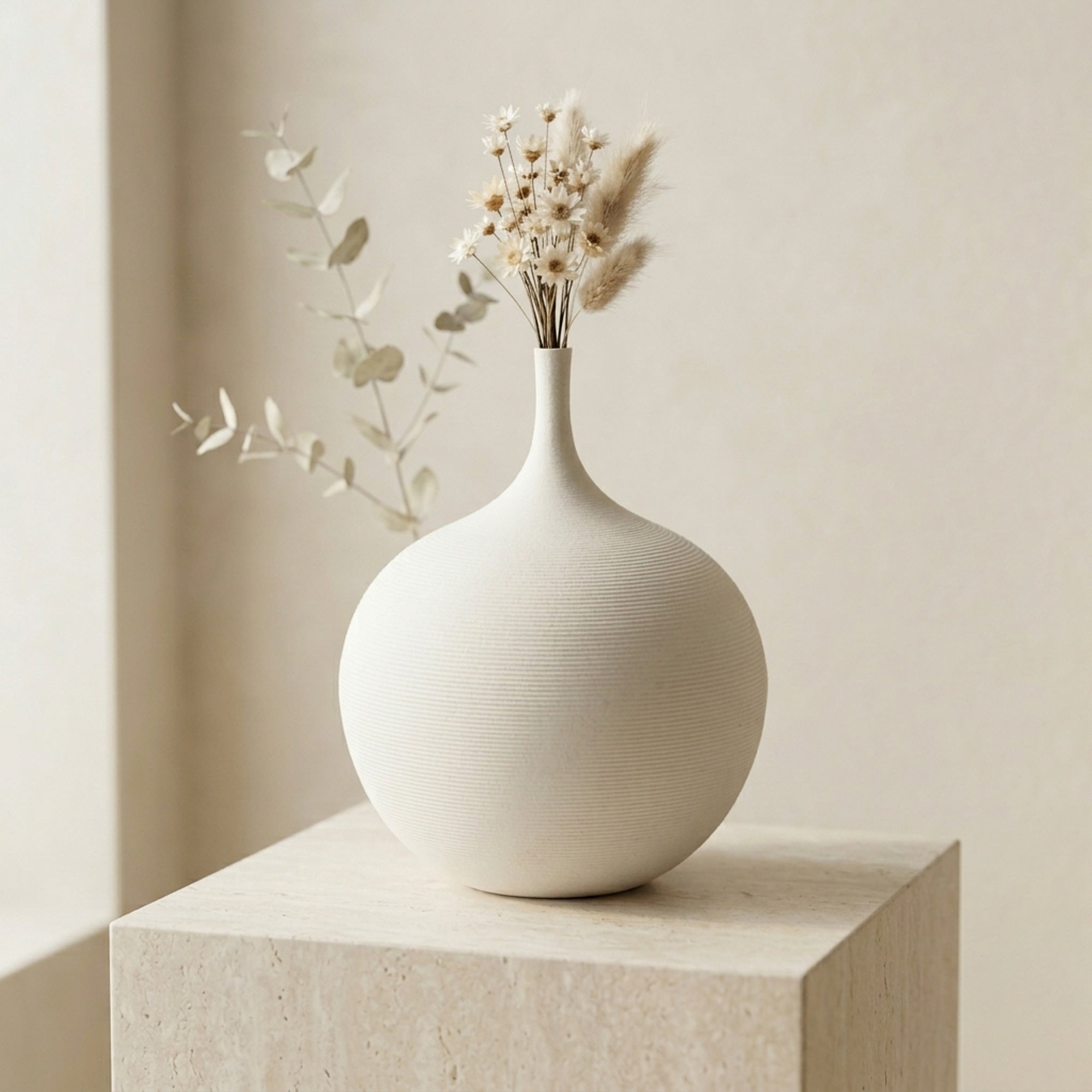 VV032 Ceramic Flower Vase White Ribbed Round Design From Siddiq Gift Shop