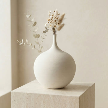 VV032 Ceramic Flower Vase White Ribbed Round Design From Siddiq Gift Shop