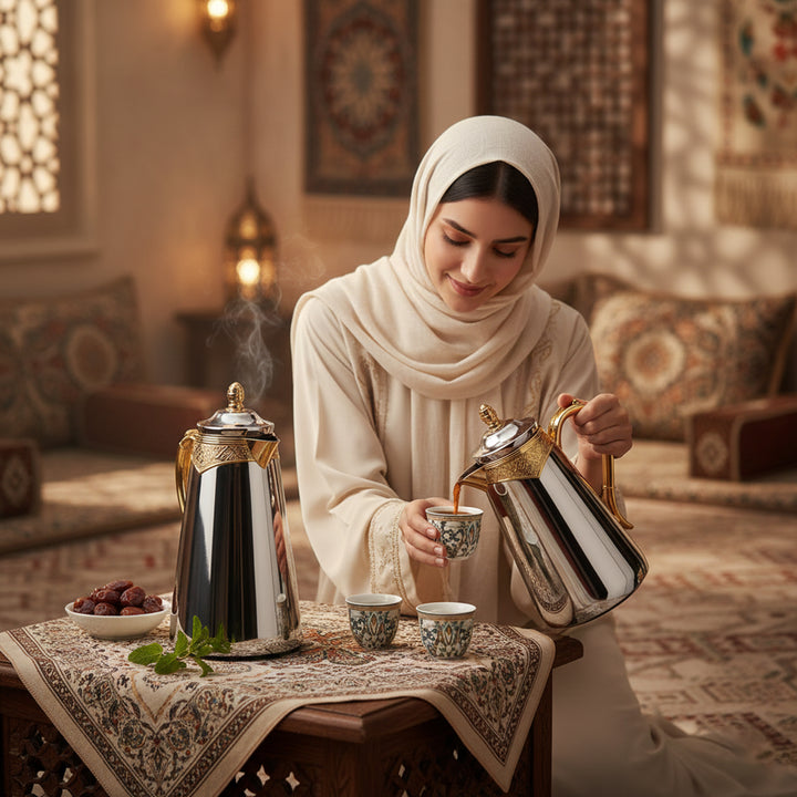 Woman in hijab pouring tea from a traditional teapot in a decorated room.
