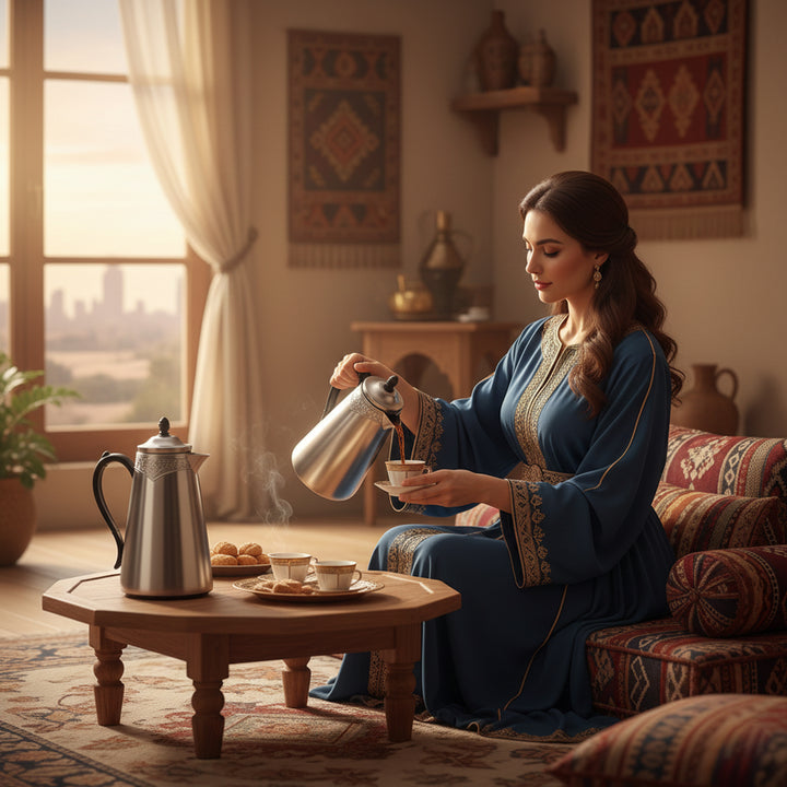 Woman in traditional attire pouring tea in a cozy room with decor elements.