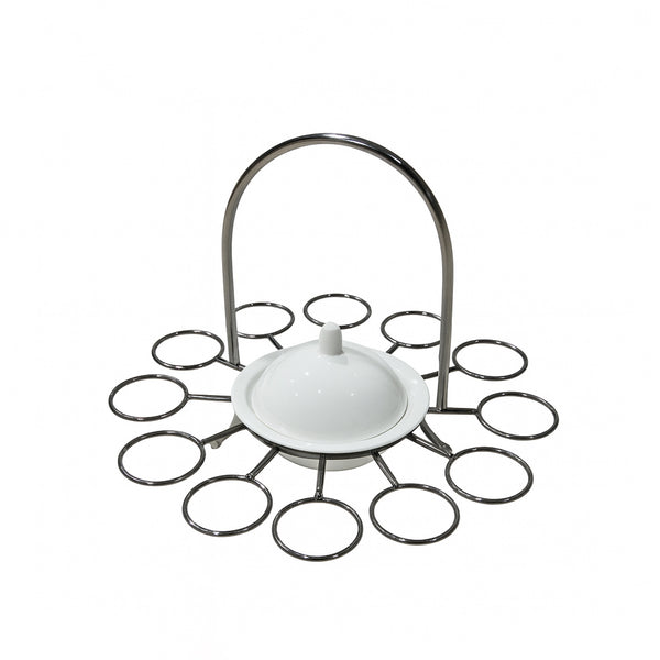 White dish drainer with metal stand on a white background