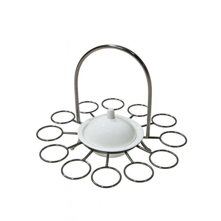 White dish drainer with metal stand on a white background