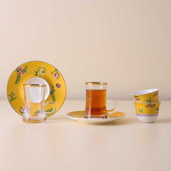 Tea & Cawa Cup Set – 18-Piece – Glass & Porcelain with Yellow Floral Design – RM-441